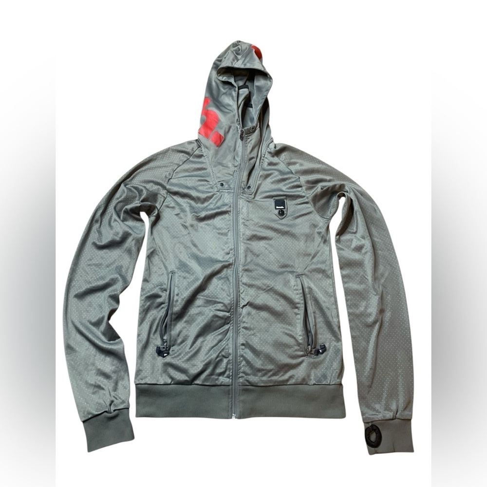 Bench Grey Full-Zip Hoodie Pink Logo Thumbholes Dot Pattern Medium